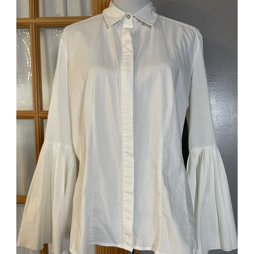 NYC Pleated Bell Sleeve Shirt Sz L Button Down White Hippie Gypsy Career